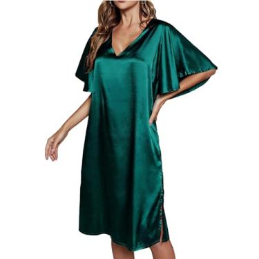 Imagem de Mulheres Simulação Camisas de Noite de Seda Manga Curta Sleepwear V Pescoço Vestidos Casuais,Green,L