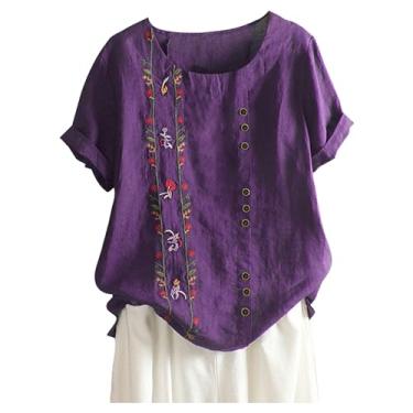 Imagem de Howstar Camiseta feminina de verão, casual, floral, algodão, linho, bordada, manga curta, gola redonda, camisetas estampadas grandes, A1 - roxo, 3G