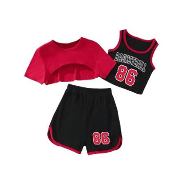 Imagem de Verdusa Conjunto de 3 peças para meninas com estampa de letras, shorts e camiseta cropped, Vermelho e preto, 10-11 Anos