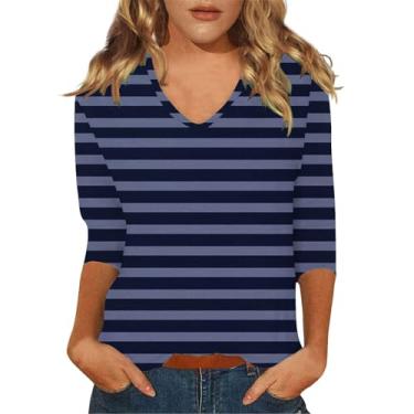 Imagem de Camiseta feminina listrada, gola V, manga 3/4, caimento solto, casual, confortável, túnica, camiseta de treino de verão, Azul marino, GG