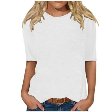Imagem de Camisetas femininas casuais de manga 3/4 com comprimento 3/4, soltas, verão, cor sólida, básica, túnica, pulôver, blusas, Branco, GG