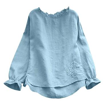 Imagem de Camisas femininas de linho roupas de férias folgadas manga longa casual oversize blusa bordada tops, Azul, XXG