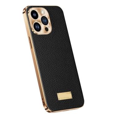 Imagem de HAO RIYLN Capa de couro genuíno para iPhone 15 Pro Max/15 Pro/15 Plus/15, capa de telefone galvanizada à prova de choque capa de proteção de lente anti-impressão digital, preta, 15 Pro 6,1 polegadas