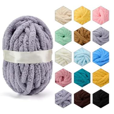 Imagem de ERLYEEN Fio grosso de chenille, super volumoso, macio, fofo, gigante, lavável, poliéster, faça você mesmo, para manta de malha de braço, almofada, sofá, decoração de casa, cinza, 1 kg