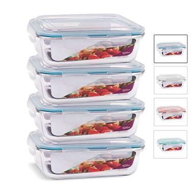 Imagem de KIT 4 Potes de Vidro Retangular com Tampa Hermética 1520ml Cor:Azul (QH)