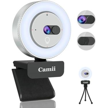 Imagem de Camii Webcam 2K, webcam para PC com anel de luz HD e capa de privacidade, microfone com cancelamento de ruído, foco automático, câmera de streaming 2K 30FPS USB Plug-n-Play para PC/laptop/equipes/zoom