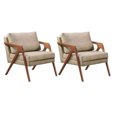Imagem de Kit 2 Poltronas Decorativa Mona Premium Linho Bege e Base Madeira Maci