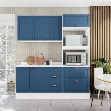 Imagem de Cozinha Pérola com Rodapé e Tampo 3 Peças Aéreo 3 Portas e Balcão 2 Gavetas 3 Portas e Torre Quente Branco/Azul