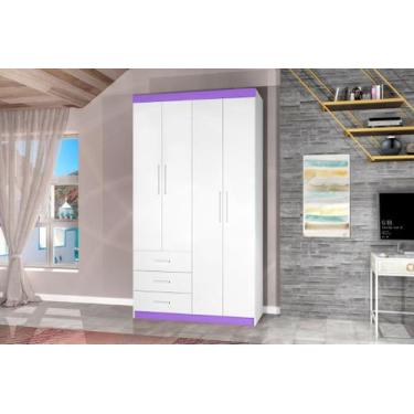 Imagem de Roupeiro CAN Solteiro 4 Portas + 3 Gavetas Cor Branco / Lilás - JA
