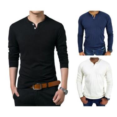 Imagem de KIT COM 3 Camisetas Henley J Silver Slim Fit Manga Longa 2 Botões