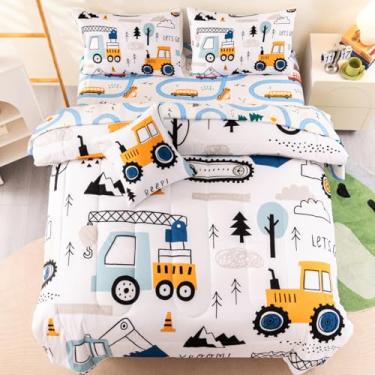 Imagem de ASKOTU Conjunto de cama solteiro para meninos, escavadeira, 6 peças, caminhão, construção e edredom com lençol