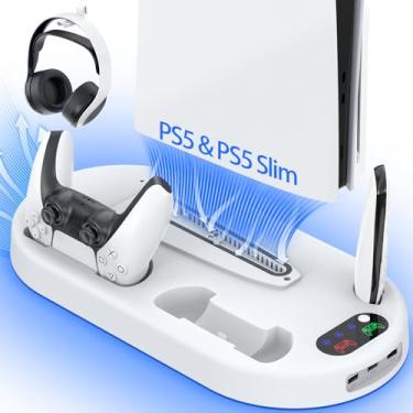 Imagem de AMZDM Cooling Station PS5 Slim Stand PS5 Pro Cooling Fan with Charging Station PlayStation 5 Console Cooler with Docking Station Controller Charger PlayStation 5 Pro & Slim Disc & Digital White