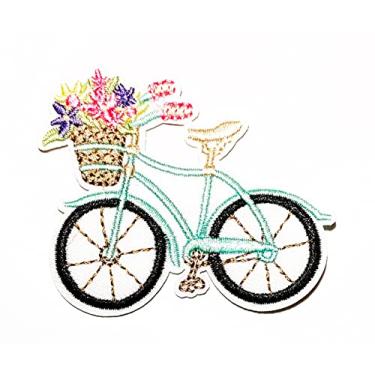 Imagem de Rareeasy Patch Azul Bicicleta com Cesta de Flores Desenhos Animados Moda Bordado Adesivos Logotipo Boné Boné Polo Mochila Roupas Jaqueta Camiseta DIY Bordado Ferro em Costura Remendo para Crianças