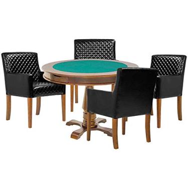Imagem de Mesa de Jogos Carteado Victoria Redonda Tampo Reversível Amêndoa com 4 Cadeiras Liverpool PU Preto Matelassê - Gran Belo