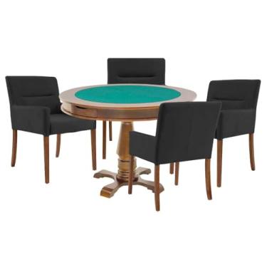 Imagem de Mesa de Jogos Carteado Victoria Redonda Tampo Reversível Amêndoa com 4 Cadeiras Vicenza Suede Preto Fosco - Gran Belo