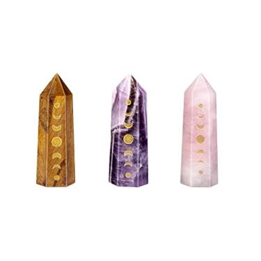 Imagem de Rockcloud Pacote com 3 pontos de cristal gravados em fase da lua, eclipse lunar hexagonal, varinha de bolso para decoração de casa de meditação de Reiki, olho de tigre e ametista e quartzo rosa