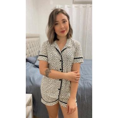 Imagem de Conjunto Pijama Americano Manga Curta Adulto Feminino - Onçinha Marfim