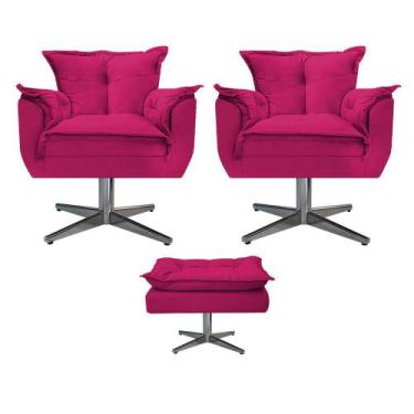 Imagem de Kit 02 Poltronas e Puff Opala Base Giratória de Metal Suede Pink - DAM