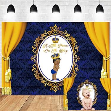 Imagem de Leyiyi 2,4 x 1,8 m A Little Prince on The Way, pano de fundo, coroa de príncipe real, para bebê, dourado, azul escuro, para fotografia com fundo de renda, textura de decoração, faixa para