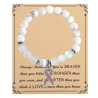 Imagem de FUSTMW Presente de conscientização do câncer de mama fita rosa pulseira de câncer de mama joia sobrevivente de câncer de mama presente de apoio ao paciente para mulheres, 3.5 inch, Pedra, nagem