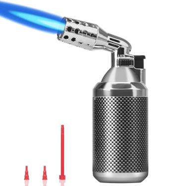 Imagem de Isqueiro de butano recarregável, maçarico de cozinha de metal premium com chama e trava de segurança, tocha de solda de chama ajustável para cozinhar, isqueiro, creme brulee e soldagem, prata (gás não