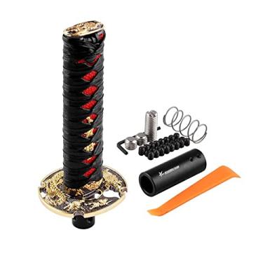 Imagem de RYANSTAR Samurai Sword Manípulo de câmbio automático universal compatível com transmissão automática de trava/botão, câmbio de marchas Cool Katana Metal pesado preto e vermelho