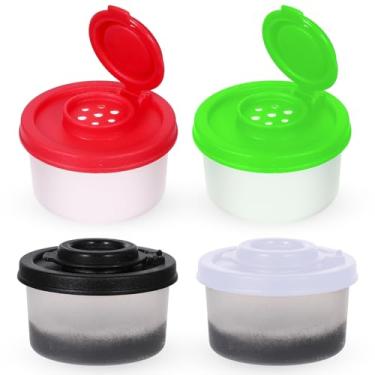 Imagem de Conjunto de 4 mini saleiros e pimenteiros resistentes à umidade, recipientes de tempero para viagem, potes transparentes para temperos, saleiro com tampas coloridas, dispensador hermético de plástico