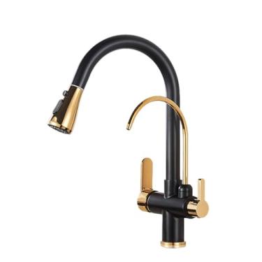 Imagem de Torneira de cozinha cromada purificada, montada no deck, filtro de água pura, pia, rotação de 360 graus, torneira misturadora de água quente e fria, guindaste, preto dourado
