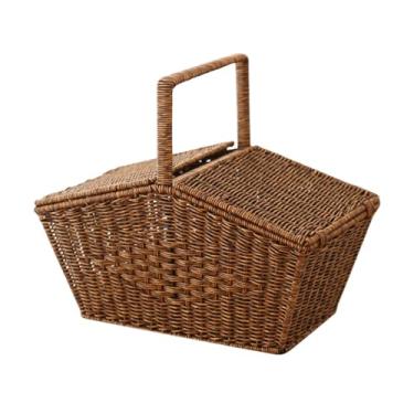 Imagem de Gralara Cesto de, cesta de de imitação de vime, cesta de tecido com tampa para legumes, sanduíches, Marrom