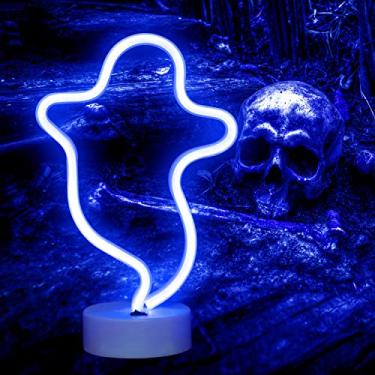 Imagem de Sinais de néon fantasma, luzes noturnas, placas de LED, em forma de fantasma, luzes de néon para Natal, parede, festa, decoração de quarto infantil e adolescente, fantasma com base de suporte (azul)