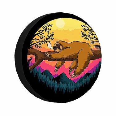 Imagem de MIYASANG Capa de pneu sobressalente preguiça preguiça desenho animado bicho-preguiça dormindo no galho de árvore retrô pôr do sol protetor de roda universal à prova de intempéries capas de pneu de