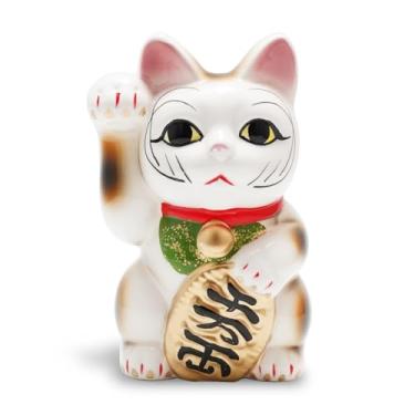 Imagem de Seto-yaki Maneki Neko Cofrinho, 16 cm, estatueta japonesa de gato da sorte pintada à mão, cofre de dinheiro de cerâmica para decoração de casa, talismã da fortuna e prosperidade (branco/mão direita