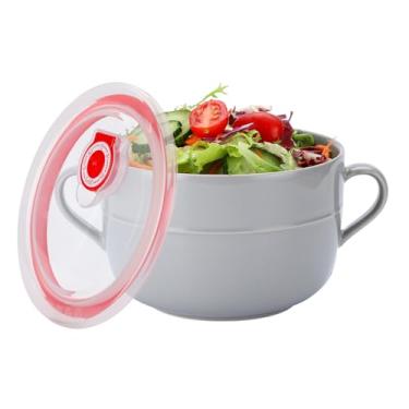 Imagem de VanEnjoy Tigela de sopa de cerâmica para micro-ondas de 946 ml com tampa, caneca de sopa grande para micro-ondas com tampa, tigela de sopa de viagem com alça e tampa para tigela de cereais de salada