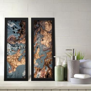 Imagem de Kit 2 Quadros Decorativos Lavabo Azul Dourado Mármore - Deliquadros, P