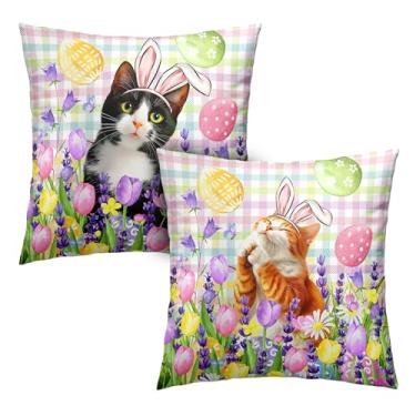 Imagem de Kwlegh Capas de almofada de primavera de Páscoa, 45,7 x 45,7 cm, conjunto de 2 lindas capas de travesseiro de gato de vaca e gato gengibre usando orelhas de coelho tulipa floral para decoração de