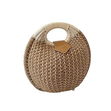 Imagem de Bolsas femininas de palha redondas tecidas femininas e femininas bolsas femininas pequenas e casuais para praia(Khaki)