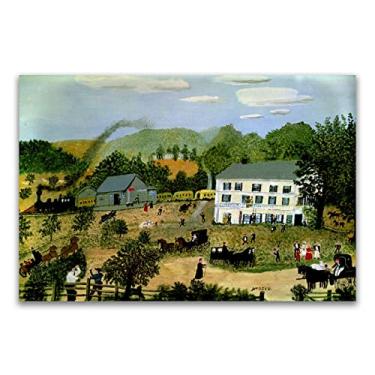 Imagem de Pinturas a óleo Grandma Moses Anna Mary Robertson. Reprodução impressa em tela. Arte famosa (Eagle Bridge Hotel) Pôster e impressões de paisagem. Imagens de arte de parede em tela 80 x 128 cm (32 x 50