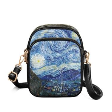 Imagem de Jolamirel Van Gogh Art Bolsa para celular feminina bolsa transversal de couro PU arte Monet bolsa para celular pequenas bolsas de viagem, Noite estrelada