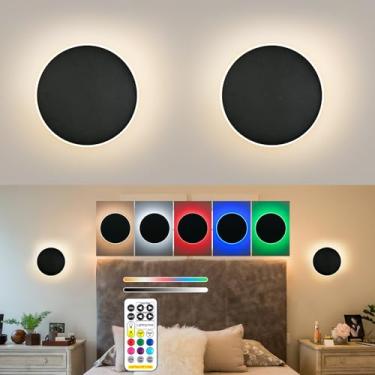Imagem de Arandelas de parede operadas por bateria, luz de parede preta recarregável estilo eclipse solar com controle remoto sem fio regulável, 9 modos de cores, arandela de parede interna para quarto e sala