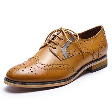 Imagem de Mona flying Sapato feminino de couro perfurado com cadarço Oxfords Brogue Wingtip Derby feminino, Marrom, 39 BR
