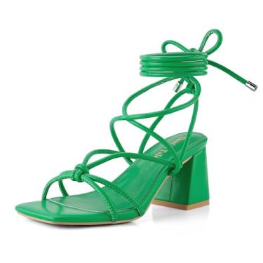 Imagem de Shoe'N Tale Sandálias femininas de salto alto gladiador com tiras no tornozelo salto grosso salto bloco quadrado bico aberto sapatos sociais cruzados, Verde, 39