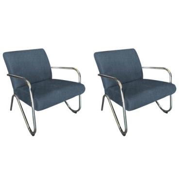 Imagem de Kit 2 Poltronas Decorativa Bela Linho Azul Marinho Braço Cromado - Man