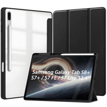 Imagem de Capa para Samsung Galaxy Tab S8 Plus e S7 Plus e S7 FE e s7 Lite 12.4" Capinha Protetora Fina Capa Traseira Transparente com Suporte para Lápis Anti-Impacto Auto Sleep Tampa Magnética - Negro
