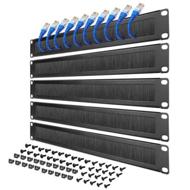 Imagem de Tecmojo Painel de gerenciamento de cabos de montagem em rack 1U com escova, painel de escova de rack para rack de servidor de 48 cm ou gabinete de rede, preto, pacote com 5