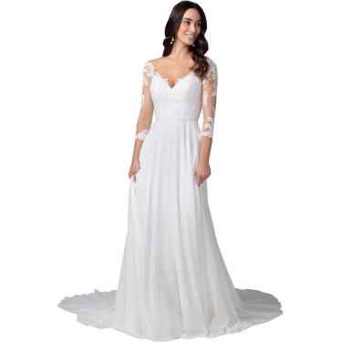 Imagem de Vestido De Noiva Vestidos De Noiva Manga Longa Decote V Escritório Civil Moda Nupcial Vestidos De Noiva, Marfim 10, White 13, 32