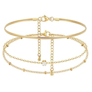 Imagem de Tornozeleiras de ouro impermeáveis para mulheres - pulseiras de tornozelo banhadas a ouro 14k, corrente de pé de surfista de praia de verão multicamadas conjunto de tornozeleiras, joias modernas em