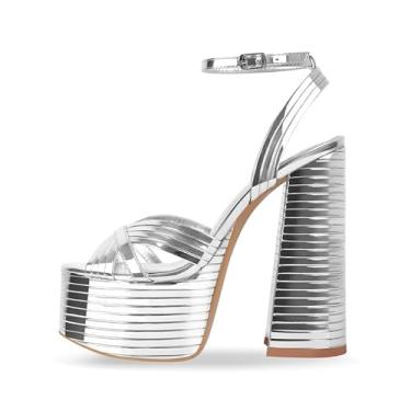 Imagem de Sandálias femininas de salto alto grosso plataforma bico aberto tira no tornozelo fivela plataforma metálica casamento noiva sandálias, Prata, 7