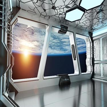 Imagem de LYWYGG Pano de fundo interior de nave espacial de 2,8 x 2,2 m com janela para planeta cenários exploração do universo ficção científica nave espacial fotografia fundo estação espacial adereços de estúdio fotográfico CP-414-0808