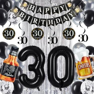 Imagem de Decorações de aniversário de 30 anos - Decoração de feliz aniversário com faixa de feliz aniversário, cortinas de folha de prata, kit de 30 balões preto, topo de bolo preto - Decorações de 30 anos