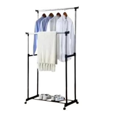 Imagem de Arara Cabideiro Duplo De Chão Para Roupas Com Sapateira E Rodinhas Regulável Armário Organizador(Arara Dupla)